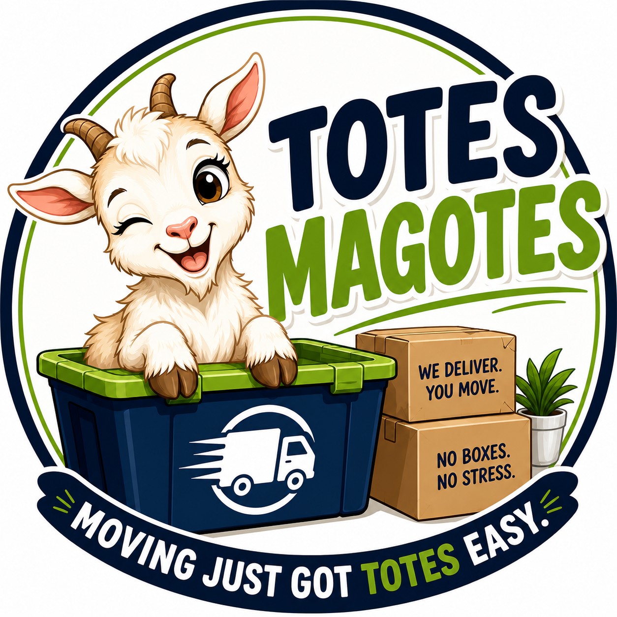 Totes Magotes — goat mascot in a moving tote